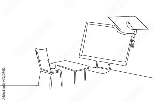 Single one line drawing empty study chairs and desks facing giant monitor screen in which there is blackboard and graduation cap on top. Modern continuous line draw design graphic vector illustration