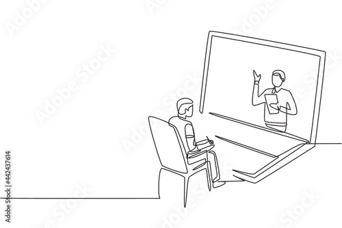 Single one line drawing male student sitting studying staring at giant laptop screen and inside laptop there is male lecturer who is teaching. Continuous line draw design graphic vector illustration