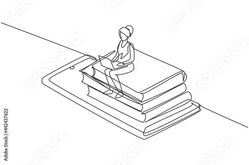 Continuous one line drawing female college student sitting on pile of books while typing on laptop on smartphone. Learning online education concept. Single line draw design vector graphic illustration