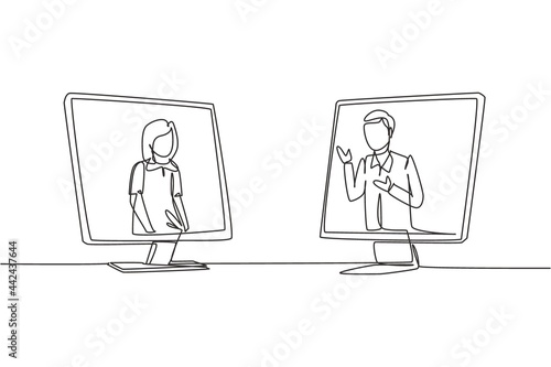 Continuous one line drawing two monitors are standing in front of each other, one side contains female junior high school student studying and the other contains male teacher teaching. Draw design