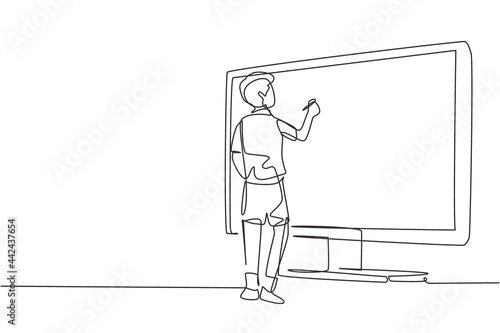 Single continuous line drawing male junior high school student writing on giant monitor screen like he was writing on whiteboard. Learning concept. One line draw graphic design vector illustration