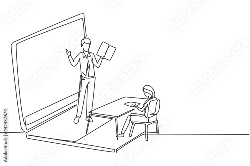 Single one line drawing male teacher standing in front of laptop screen holding book and teaching female junior high school students sitting on benches around desk. Draw design graphic illustration