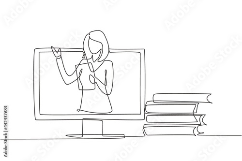 Single continuous line drawing female teacher is teaching, half of her body is out of laptop screen and beside her is pile of books. internet class. One line draw graphic design vector illustration