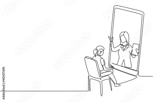 Continuous one line drawing female student sitting studying staring at smartphone screen and inside laptop there is female lecturer who is teaching. Single line draw design vector graphic illustration