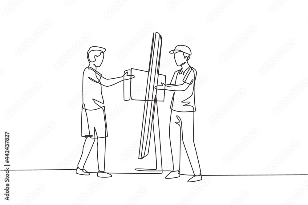 Single one line drawing male courier delivers box package, through monitor screen to male customer. Online delivery service concept. Modern continuous line draw design graphic vector illustration Single one line drawing male courier delivers box package, through monitor screen to male customer. Online delivery service concept. Modern continuous line draw design graphic vector illustration