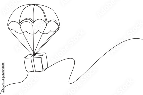 Single continuous line drawing box package flies through the sky using parachute. Online delivery service. Fast delivery parcel concept. Dynamic one line draw graphic design vector illustration