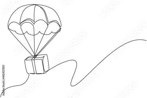 Single continuous line drawing box package flies through the sky using parachute. Online delivery service. Fast delivery parcel concept. Dynamic one line draw graphic design vector illustration