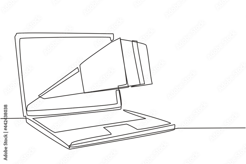 Continuous one line drawing package box out of large laptop screen. Online delivery website concept. Fast respond and package shipping to customer. Single line draw design vector graphic illustration Continuous one line drawing package box out of large laptop screen. Online delivery website concept. Fast respond and package shipping to customer. Single line draw design vector graphic illustration