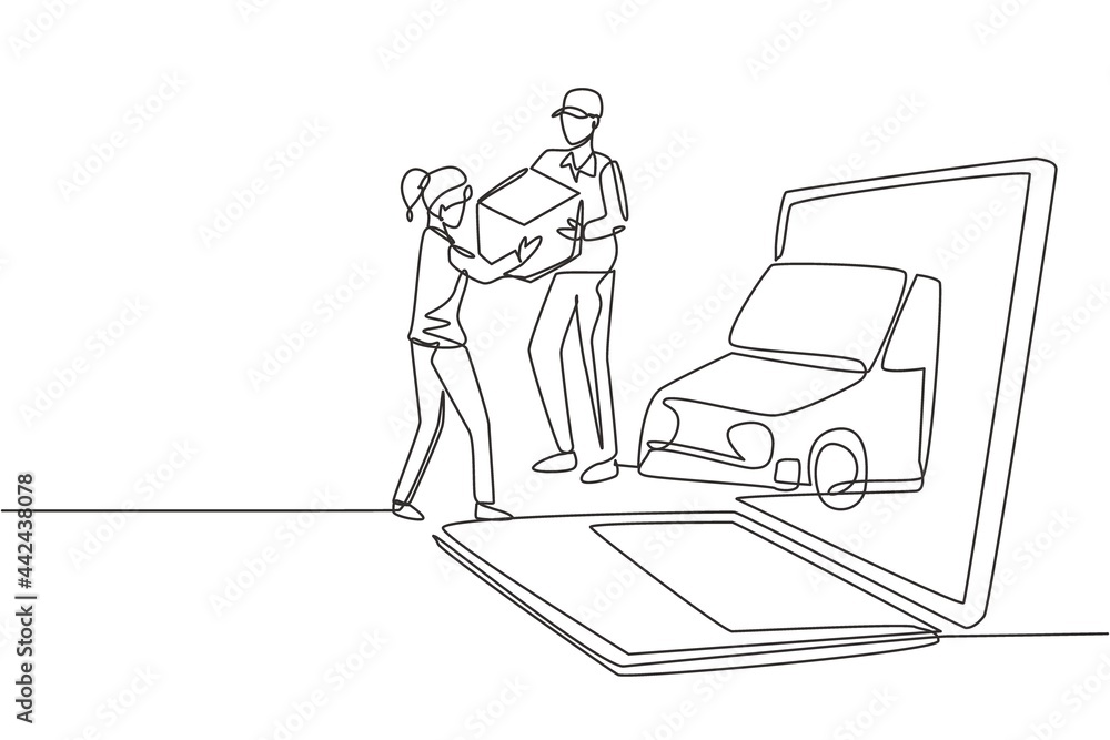 Single one line drawing delivery box car comes out partly from giant laptop screen and male courier gives package box to female customer. Modern continuous line draw design graphic vector illustration