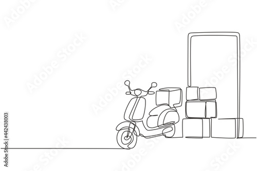 Continuous one line drawing giant smartphone standing in front of courier scooter and pile of package boxes. Online delivery service concept. Single line draw design vector graphic illustration