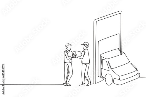 Single one line drawing delivery box car comes out partly from giant smartphone screen. Male courier gives package box to male customer. Modern continuous line draw design graphic vector illustration