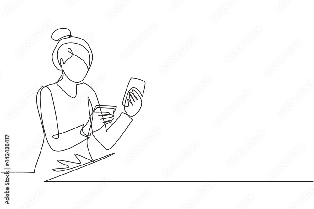 Single one line drawing young man typing entering credit card code on smartphone. Online store, e-commerce, digital payment concept. Modern continuous line draw design graphic vector illustration