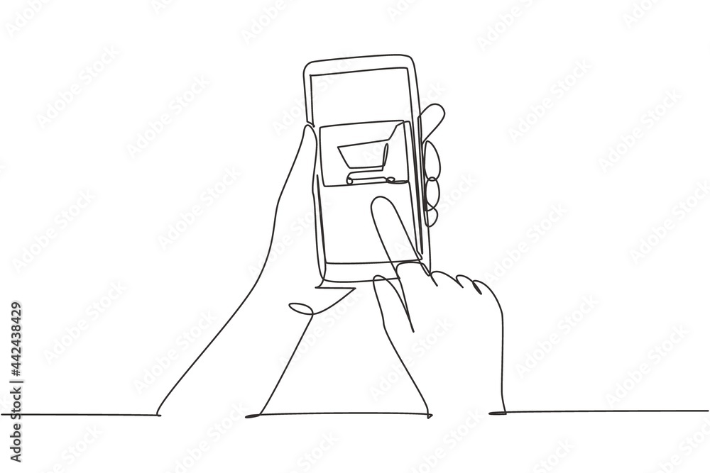 Continuous one line drawing hands holding smartphone with shopping cart image and touching screen. Digital lifestyle, internet and gadgets concept. Single line draw design vector graphic illustration Continuous one line drawing hands holding smartphone with shopping cart image and touching screen. Digital lifestyle, internet and gadgets concept. Single line draw design vector graphic illustration
