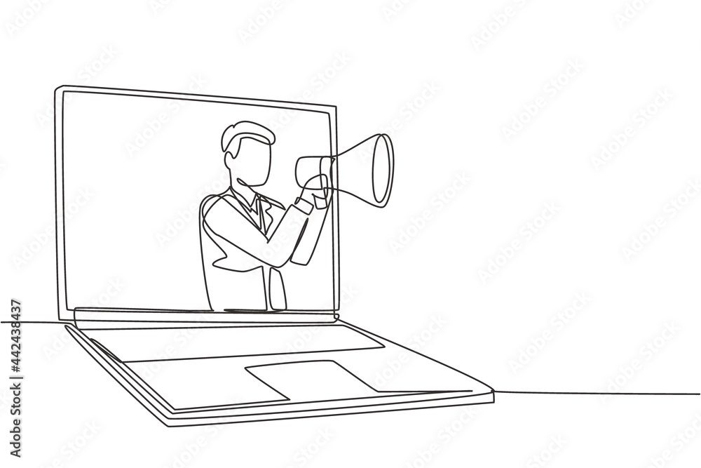 Continuous one line drawing young man coming out of laptop screen holding megaphone. Offering product with discounts or sale. Marketing concept. Single line draw design vector graphic illustration