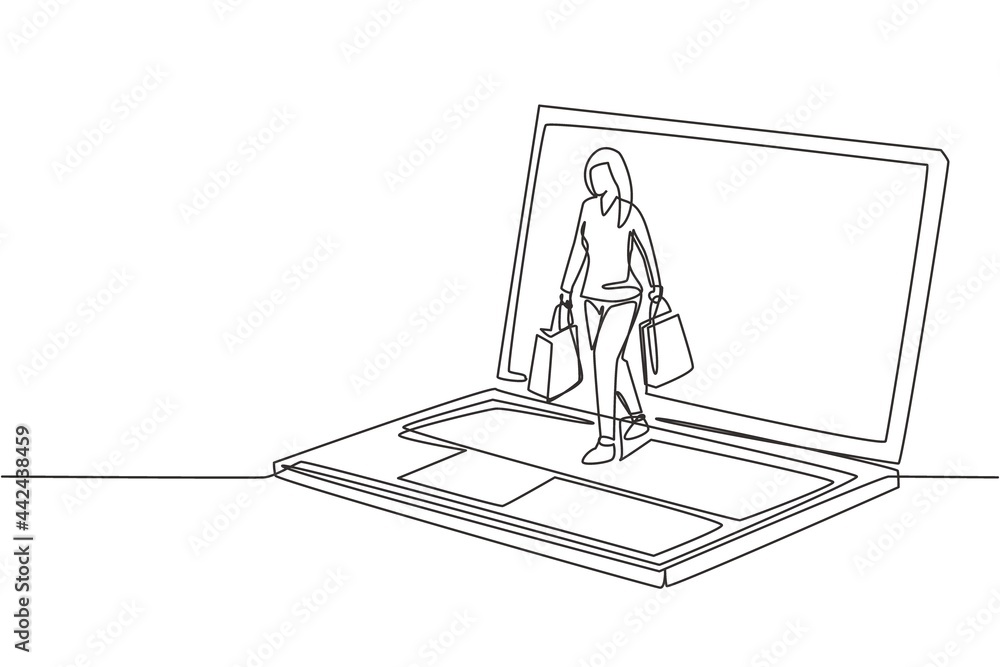 Single one line drawing young woman coming out of laptop screen holding ...