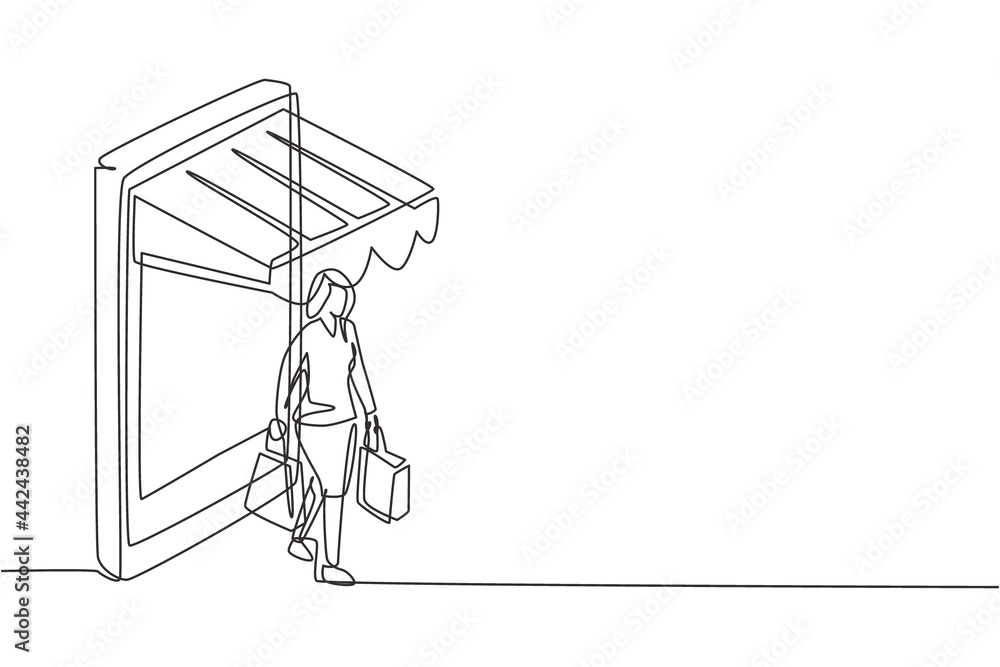 Continuous one line drawing young woman coming out of canopy smartphone screen holding shopping bags. Sale, digital lifestyle, consumerism concept. Single line draw design vector graphic illustration Continuous one line drawing young woman coming out of canopy smartphone screen holding shopping bags. Sale, digital lifestyle, consumerism concept. Single line draw design vector graphic illustration