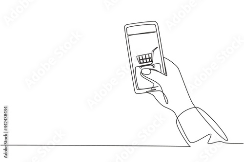 Single one line drawing hands holding smartphone with shopping cart image and touching screen. Digital lifestyle, internet and gadgets concept. Continuous line draw design graphic vector illustration