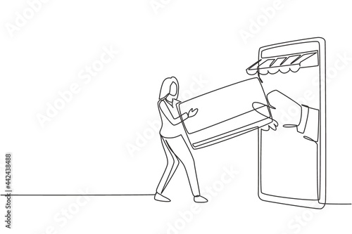 Continuous one line drawing young female inserting credit card into canopy smartphone screen and accepted by hand. Digital payment concept. Single line draw design vector graphic illustration