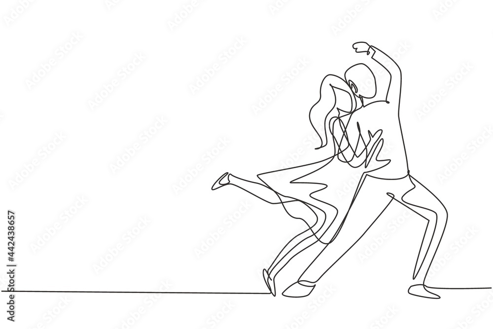 Single one line drawing man and woman performing dance at school, studio, party. Male and female characters dancing tango at night club. Modern continuous line draw design graphic vector illustration Single one line drawing man and woman performing dance at school, studio, party. Male and female characters dancing tango at night club. Modern continuous line draw design graphic vector illustration