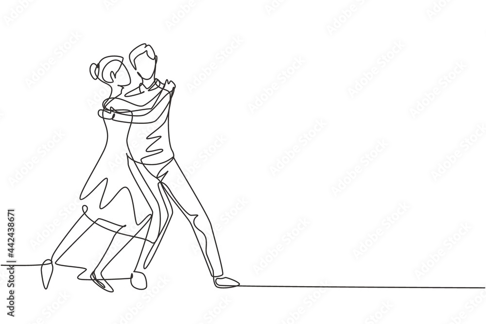 Single continuous line drawing man and woman performing dance at school, studio, party.  Male and female characters dancing tango at Milonga. Dynamic one line draw graphic design vector illustration