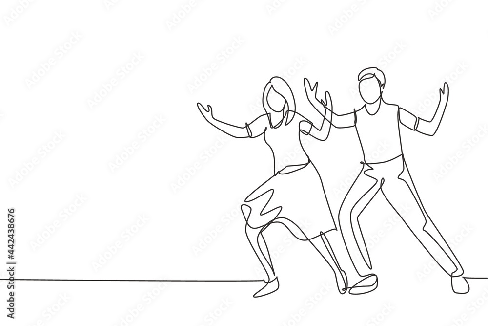 Fototapeta premium Single continuous line drawing people dancing salsa. Couples, man and woman in dance. Pairs of dancers with waltz tango and salsa styles moves. Dynamic one line draw graphic design vector illustration