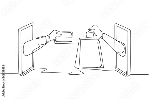 Single one line drawing two hands out of smartphone screen to exchange shopping bags with credit cards. Sale, digital payment concept. Modern continuous line draw design graphic vector illustration