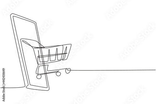 Continuous one line drawing shopping cart out of smartphone. Sale, digital lifestyle, and consumerism concept. E-commerce and digital marketing. Single line draw design vector graphic illustration