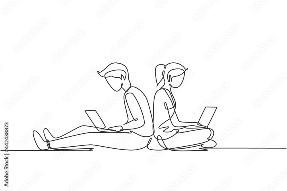 Continuous one line drawing couple with laptop sitting and lean on each ...