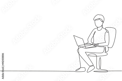 Single one line drawing young guy with laptop sitting on the chair. Freelance, distance learning, online courses, and studying concept. Modern continuous line draw design graphic vector illustration