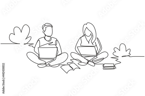 Single one line drawing couple with laptop sitting at the park together. Freelance, distance learning, online courses, studying concept. Modern continuous line draw design graphic vector illustration