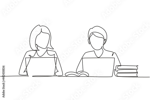 Continuous one line drawing two young woman studying with laptop and pile of books. Back to school, intelligent students, online education concept. Single line draw design vector graphic illustration