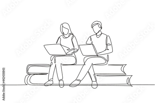 Single one line drawing couple with laptop sitting on pile of books together. Freelance, distance learning, online courses, studying concept. Continuous line draw design graphic vector illustration