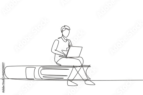 Single continuous line drawing young man studying with laptop and sitting on big book. Back to school  intelligent student  online education concept. One line draw graphic design vector illustration
