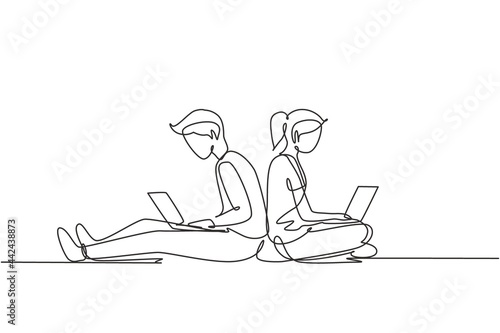 Continuous one line drawing couple with laptop sitting and lean on each other. Freelance, distance learning, online courses, and studying concept. Single line draw design vector graphic illustration