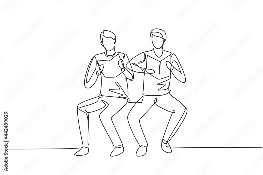 Single continuous line drawing two young male students reading, learning and sitting together. Study in library. Literature fans, education concept. One line draw graphic design vector illustration Single continuous line drawing two young male students reading, learning and sitting together. Study in library. Literature fans, education concept. One line draw graphic design vector illustration