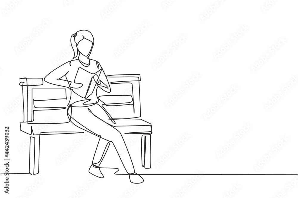 Single one line drawing young female reading, learning and sitting on park chair. Literature lovers. Smart student, education concept. Modern continuous line draw design graphic vector illustration Single one line drawing young female reading, learning and sitting on park chair. Literature lovers. Smart student, education concept. Modern continuous line draw design graphic vector illustration