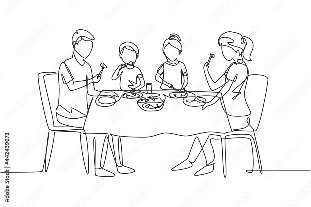 Continuous one line drawing diner parents and children together. Family having meal around kitchen table. Happy daddy, mom and kids sitting eating. Single line draw design vector graphic illustration Continuous one line drawing diner parents and children together. Family having meal around kitchen table. Happy daddy, mom and kids sitting eating. Single line draw design vector graphic illustration