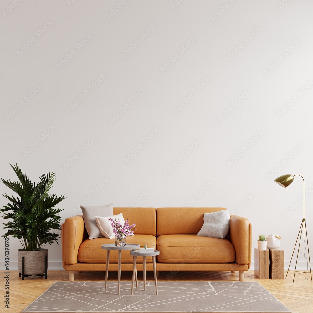Ilustrace „Living room interior wall mockup in warm tones with leather sofa  on white wall background.“ ze služby Stock | Adobe Stock