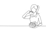 Continuous one line drawing young girl having salad meal with spoon and bowl. Happy and enjoy breakfast at home. Delicious, healthy and tasty food. Single line draw design vector graphic illustration
