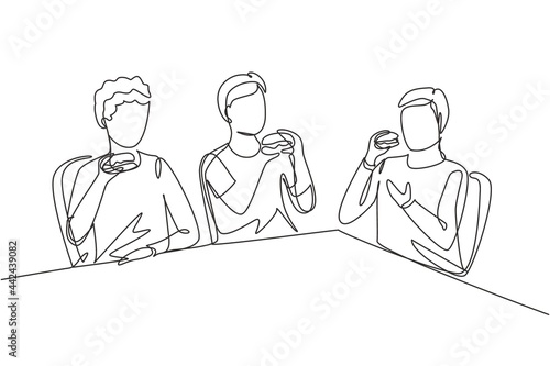 Single continuous line drawing young fun and smiling men together. Friends eating fast food meal in restaurant. Happy people sitting and having dinner hamburgers. One line draw graphic illustration
