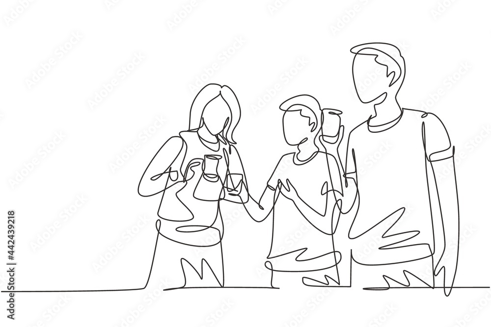 Single one line drawing teenagers celebrate togetherness and friendship by drinking hot tea. Relaxing and refresh moment in life. Modern continuous line draw design graphic vector illustration