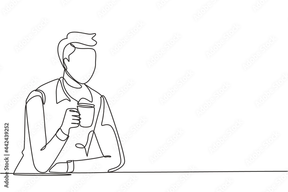 Continuous one line drawing young man sitting and holding a cup of coffee in one hand. Enjoy morning before work at office. Success person concept. Single line draw design vector graphic illustration