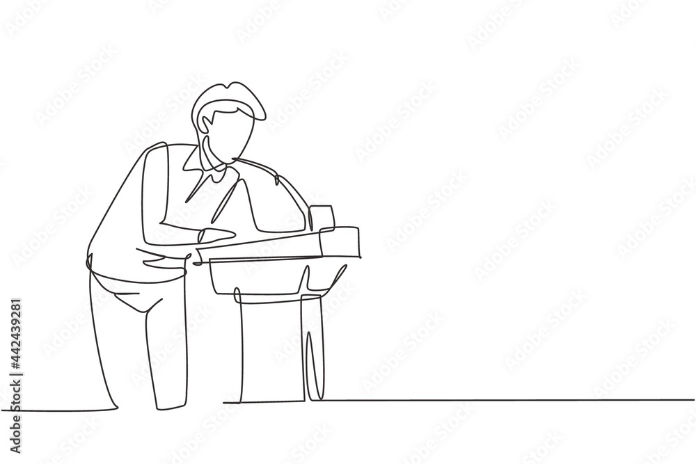 Continuous one line drawing a young man who is thirsty drinking at ready-to-drink taps that are widely available in public spaces. Refresh moment. Single line draw design vector graphic illustration