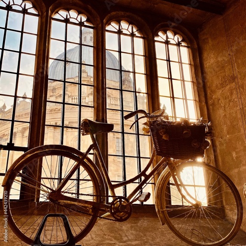 vintage bicycle in front of house