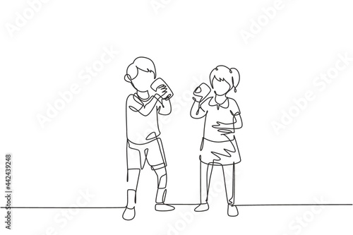 Single one line drawing pair of boys and girls standing while enjoying glass of fresh milk for growth, health and fulfillment of body nutrition. Continuous line draw design graphic vector illustration