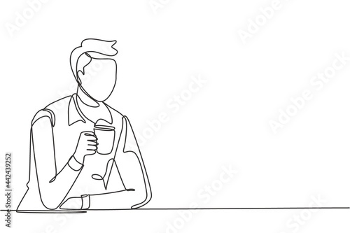 Continuous one line drawing young man sitting and holding a cup of coffee in one hand. Enjoy morning before work at office. Success person concept. Single line draw design vector graphic illustration