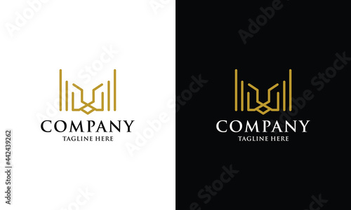 Veactor of Lion Head Logo Design with Line Art Style on a black and white background.