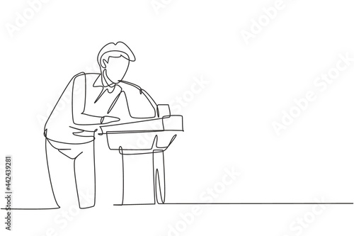 Continuous one line drawing a young man who is thirsty drinking at ready-to-drink taps that are widely available in public spaces. Refresh moment. Single line draw design vector graphic illustration