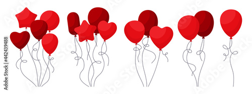 Bunch Balloon red cartoon set. Glossy helium air balloons bunches and groups flat party collection. Birthday or valentines day. Holiday anniversary surprise round circle, heart shape. Vector