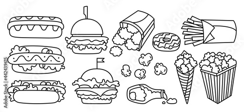 Fast food line icon set. Hot dog, hamburger, potato, nuggets ketchup and popcorn collection. Menu card delicious fast food symbols. Cheeseburger, beverage tasty unhealthy lunch. Hand drawn vector